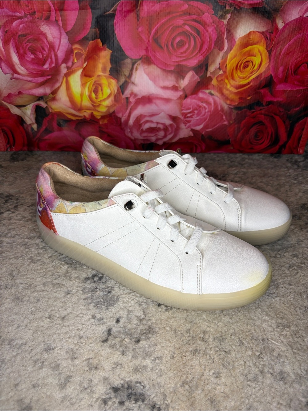 SOUL Naturalizer White Low-Top Sneakers with Pink & Yellow Floral Heel
